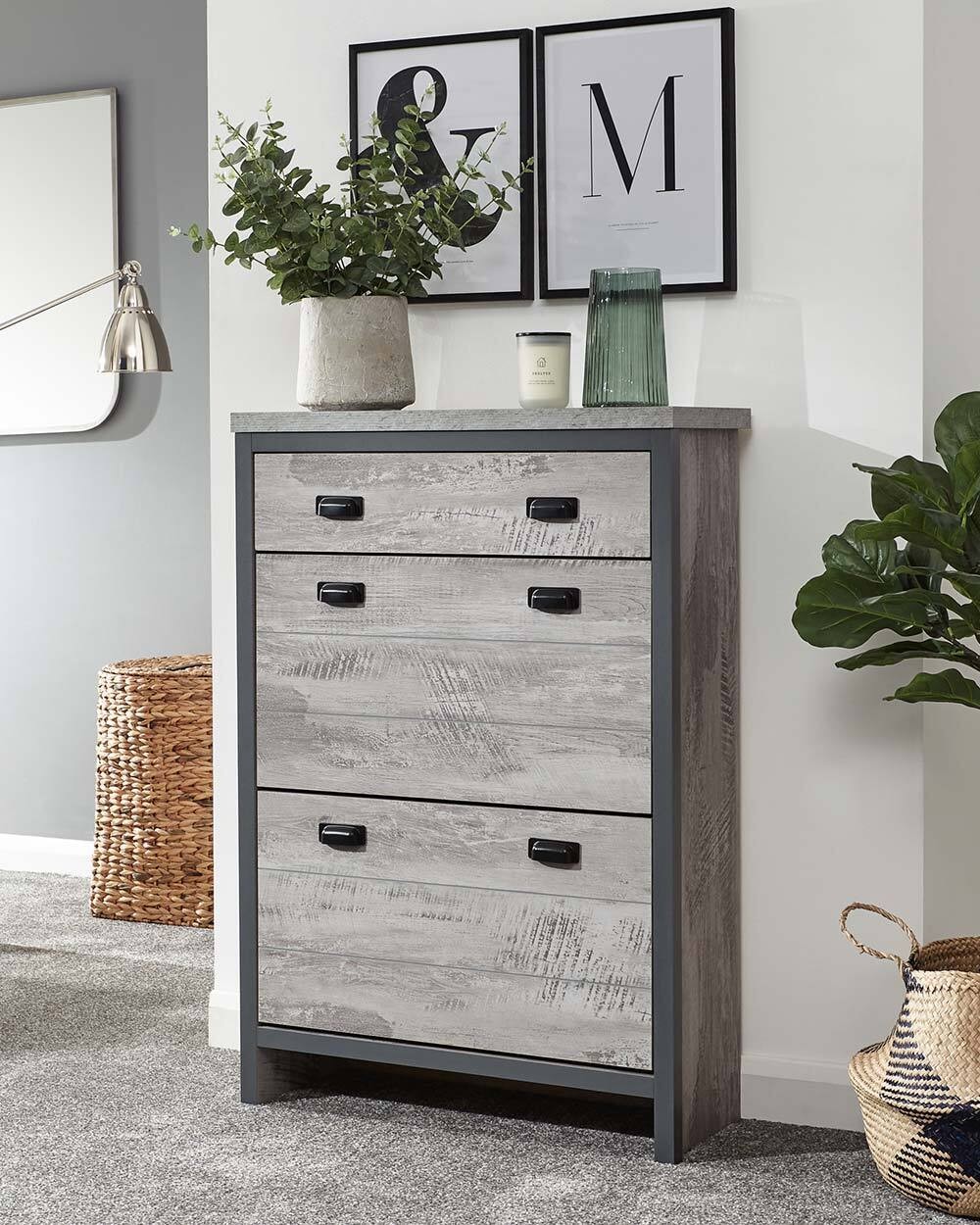 Boston 2 Tier 1 Drawer Shoe Cabinet Grey Slim Shoe Storage Hallway Porch